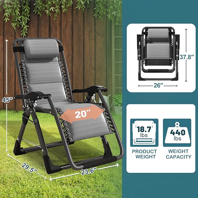 NAIZEA Padded Zero Gravity Chair, Cooling Fabric Folding Outdoor Lounge Chairs, Adjustable Reclining Camping Chairs with Cup Holder, Ergonomic Patio Lawn Chair for Balcony Beach Deck Yard