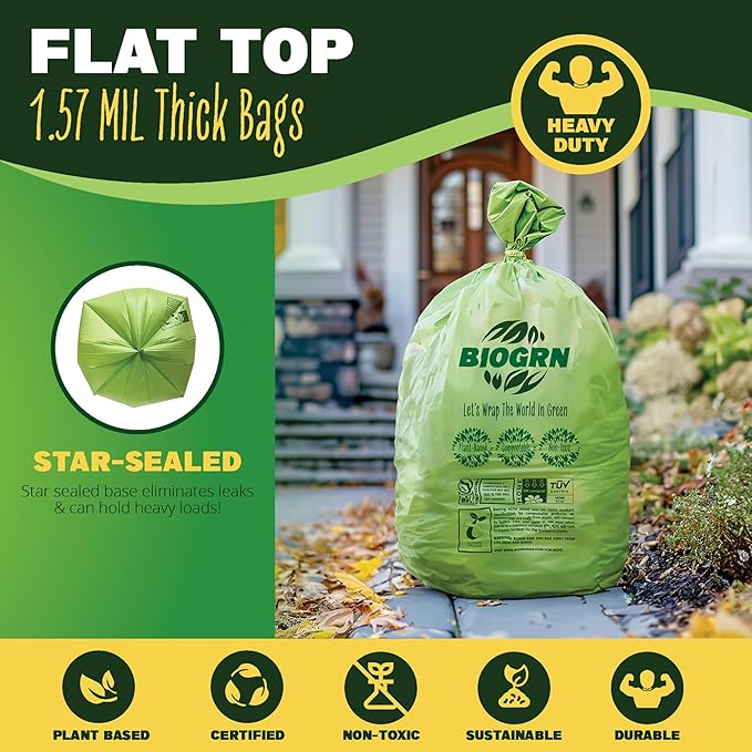 30-33 Gallon Compostable Trash Bags Flat-Top 30 Bags Heavy Duty1.57 Mil, 124.92 Liter Large Lawn and Yard Waste Bag for Outdoor Garden ASTM D6400, US BPI and OK Compost Home Certified