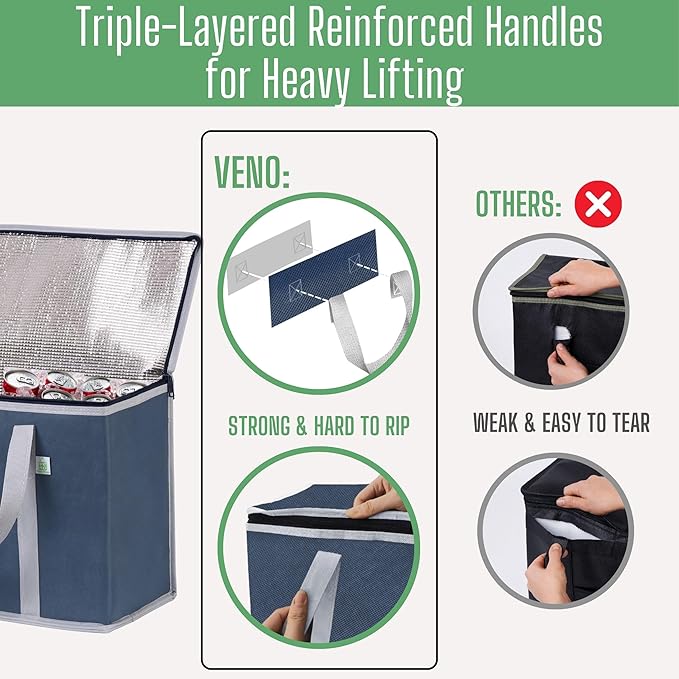 VENO 2 Pack Cooler Bag and Insulated Grocery Bags for Food Delivery, Collapsible Cooler, Reusable Shopping Bags for Groceries with Zipper, Foldable, Heavy-Duty, Stands Upright (Dark Blue, 2 Pack)