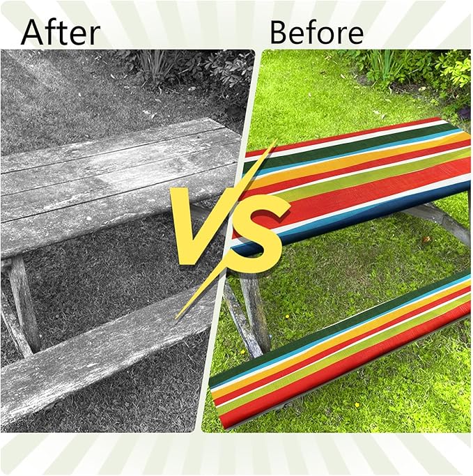 JAWO Picnic Table Covers with Bench Covers Modern Stripe Camping Tablecloth Fitted Picnic Table Cover with Elastic Windproof Waterproof Fabric, Camping Accessories Patio & Outdoo