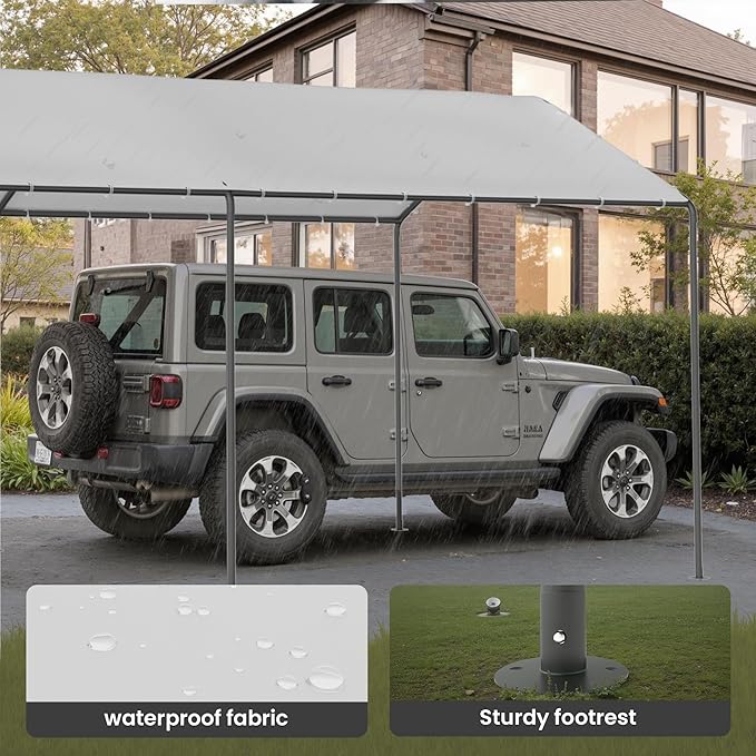 Carport, 10‘ x 20’ Heavy Duty Portable Garage All-Season Car Canopy w/Removable Sidewall & Doors, Carport Canopy Party Tent w/Water-Resistant Tarp for Backyard (White, 10' x 20' /no Side)