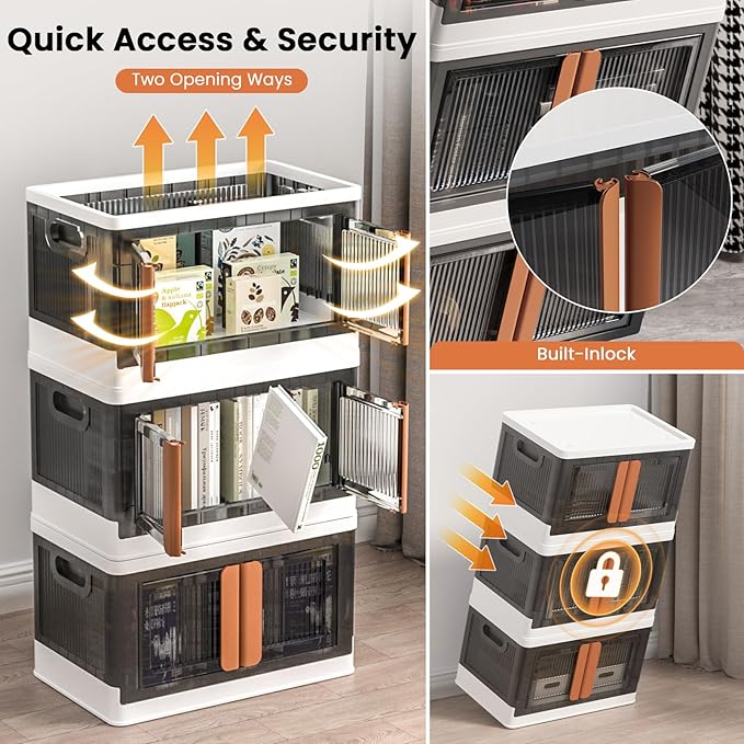 8.4Gal Collapsible Storage Bins with Lids & Wheels - 6 Pack Stackable with Doors, Heavy-Duty Plastic Containers for Home/Office, White