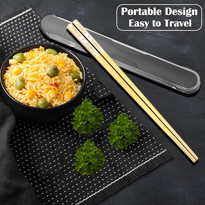 Metal Chopsticks Reusable 1 Pair Stainless Steel Travel Chopsticks Dishwasher Safe Square Lightweight Non-Slip Chop Sticks with case (Golden Bull Head Boho)