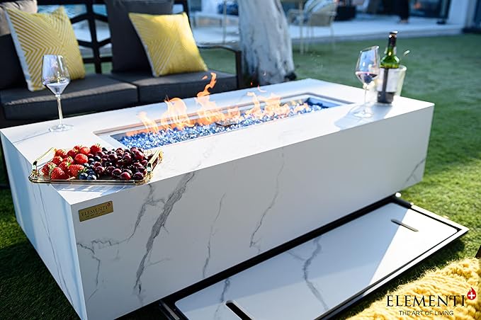 Elementi+ | Carrara Gas Fire Pit | Marble Porcelain & Metal Frame | 60" Rectangular Fire Table | Electronic Ignition | Canvas Cover, Fire Glass & Burner Lid Included | White | Propane Gas