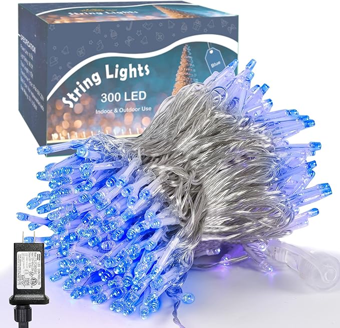 LJLNION 300 LED String Lights Outdoor Indoor, Extra Long 98.5FT Super Bright Christmas Lights, 8 Lighting Modes, Plug in Waterproof Fairy Lights for Holiday Wedding Party Bedroom Decorations (Blue)