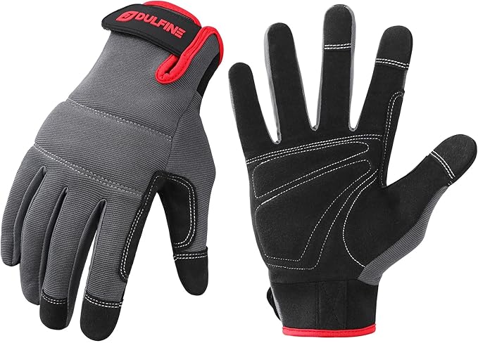 DULFINE Flex Grip Mechanic Work Gloves for Men,Black and Red Utility Safety Working Gloves Touch Screen,Excellent Grip,Ideal for Working on Cars and Outdoor Jobs(X-Large)