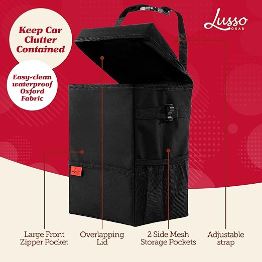 Lusso Gear Car Trash Can, 3.5 Gallon Capacity, Black Color, Manual-Lift Opening Mechanism