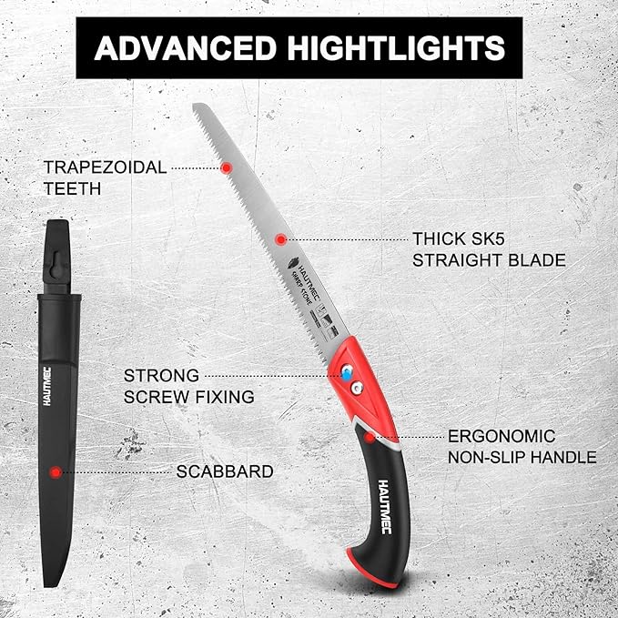 HAUTMEC 12" Pruning Hand Saw, A Pull Stroke Saw with Straight SK5 Steel Blade, Trapezoidal Teeth and Scabbard, for Pruning, Woodworking, Sharp Stone Series, HT0305