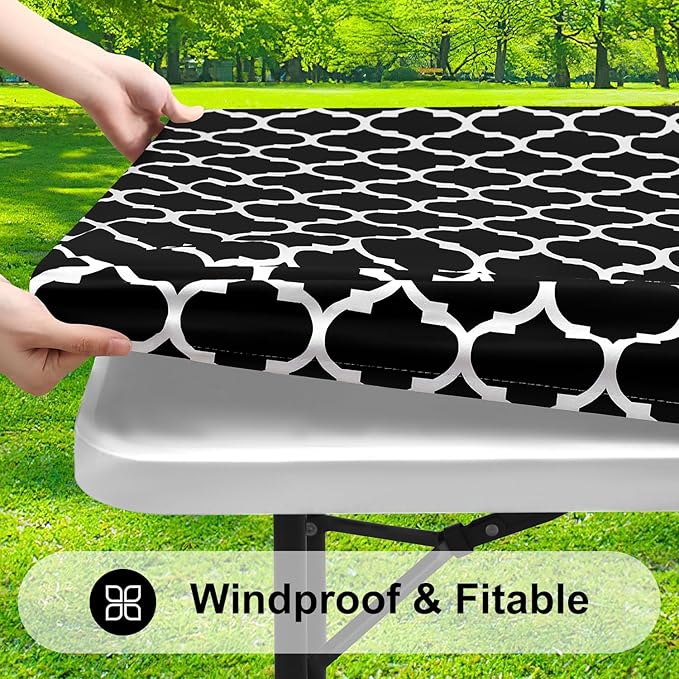 Smiry Rectangle Picnic Table Cover, Waterproof Elastic Fitted Camping Tablecloths for 8 Foot Tables, Wipeable Flannel Backed Vinyl Tablecloth Protector for Indoor, Outdoor (Black, 30x96 Inches)