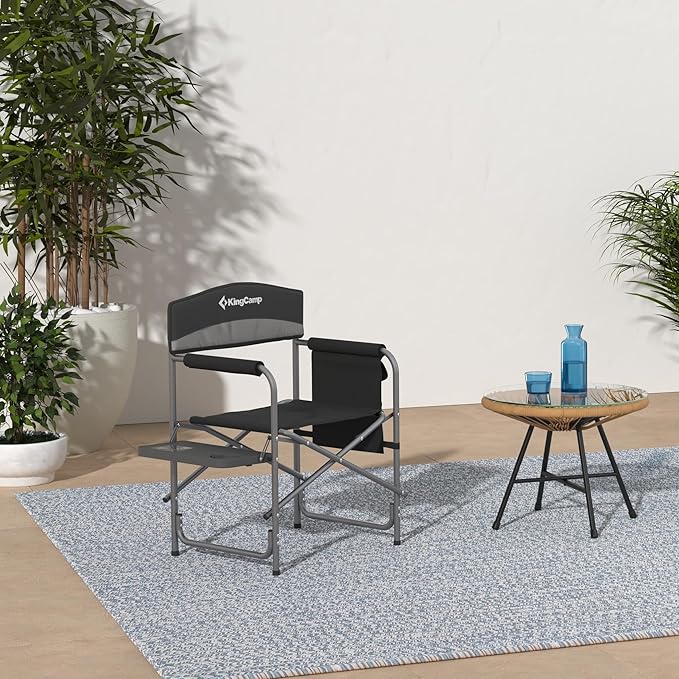 KingCamp Camping Foldable Padded Director Arm Chair with Side Table and Pocket, Grey