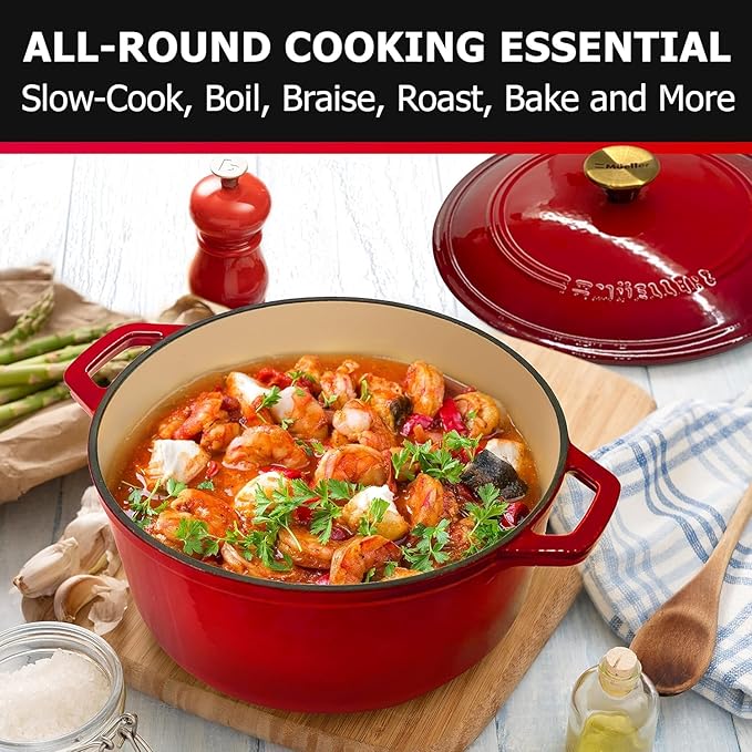 MÜELLERHOME 7.5 QT Enameled Cast Iron Dutch Oven, Heavy-Duty Casserole Dish and Braiser Pan with Lid and Stainless Knob, Oven-Safe up to 500° F & Across All Cooktops, Red