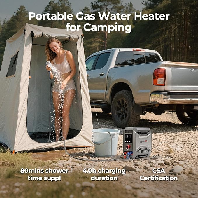 FOGATTI InstaShower GO Pro, Portable Propane Water Heater 22,000 BTU, with 5000mAh Rechargeable Built-in Battery, DC 12V, Outdoor Camping Shower