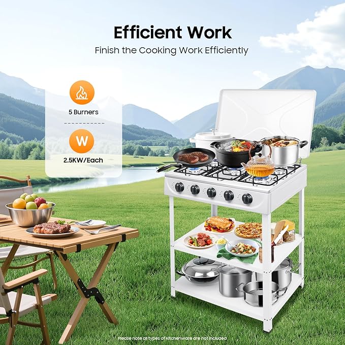 5-Burner Natural Gas Stove, Outdoor Camping Grill Stove, Portable Floor Standing Cooktop Cooker with Storage Stand and Wind Blocking Cover, Manual Ignition for Outdoor RV (White)