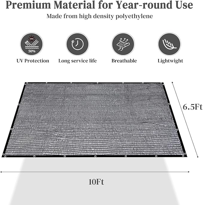 50% Shade Cloth for Garden, 6.5 x 10 FT Sun Shade Mesh Tarp with Reinforced Grommets, Durable HDPE Material Outdoor Shade Cloth for Plants, Greenhouse, Pergola and Backyard Patio Sunshade