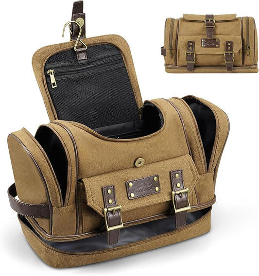 ARCFOX Travel Hanging Toiletry Bag for Men, Vintage Canvas Large Toiletry Bag with 7 Compartments, Camping Gym Travel Toiletry Kit Organizer with PVC Wet & Dry Pockets, Personalized Wash Bag, Brown