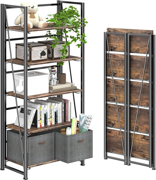 4NM No Assembly Folding Bookshelf, 5-Shelf 62.2" H Collapsible Foldable Bookcase Storage for Small Spaces, Rustic Brown and Black