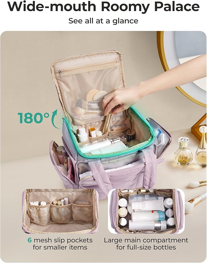 BAGSMART Toiletry Bag Large Roomy Makeup Bag, Portable Makeup Bag with Handle for Travel-Sized Shampoo, Conditioner & Brushes Set, Pink