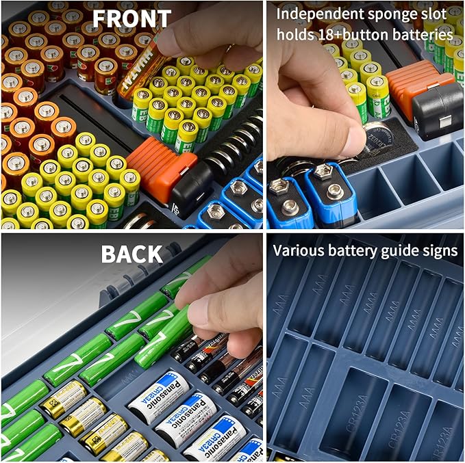 Battery Organizer Storage Holder Box Case with Tester- 269 Batteries Double-Sided Variety Pack, Holds AA AAA 4A C D Cell 9V 3V Lithium LR44 CR2 CR123 CR1632 18650 Button- Blue (Box Only)
