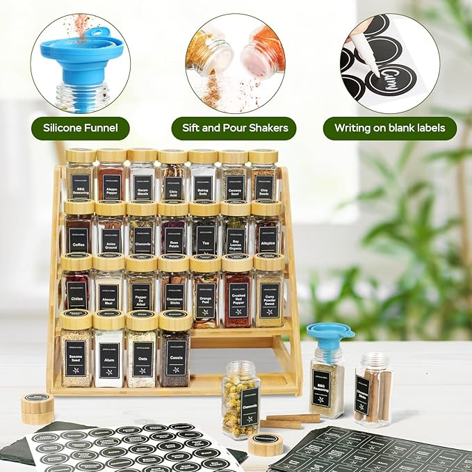 4 Tier Bamboo Spice Rack Organizer with 28 Spice Jars, 780 Labels, Wood Shelf, Chalk Marker and Funnel Set for Cabinet Kitchen Countertop, Empty 4 oz Glass Jars
