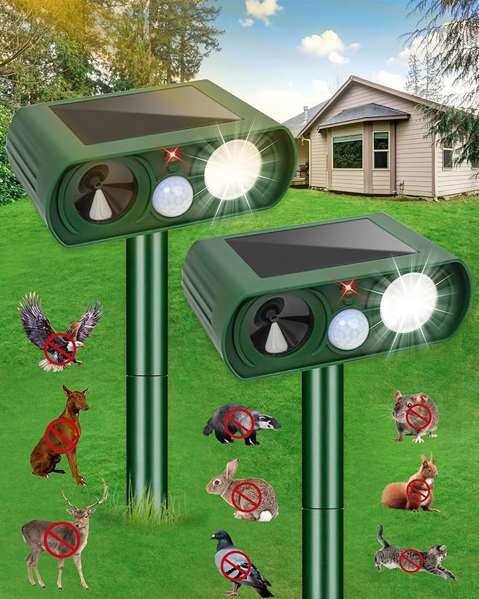 2PCS Solar Ultrasonic Animal Repellent Outdoor- Ultrasonic& Strobe Light Deer Repellent Devices for Deer/Cat/Squirrel/Raccoon/Rabbit/Bird/Owl/Dog - PIR Motion Detection, Yard Garden Protection