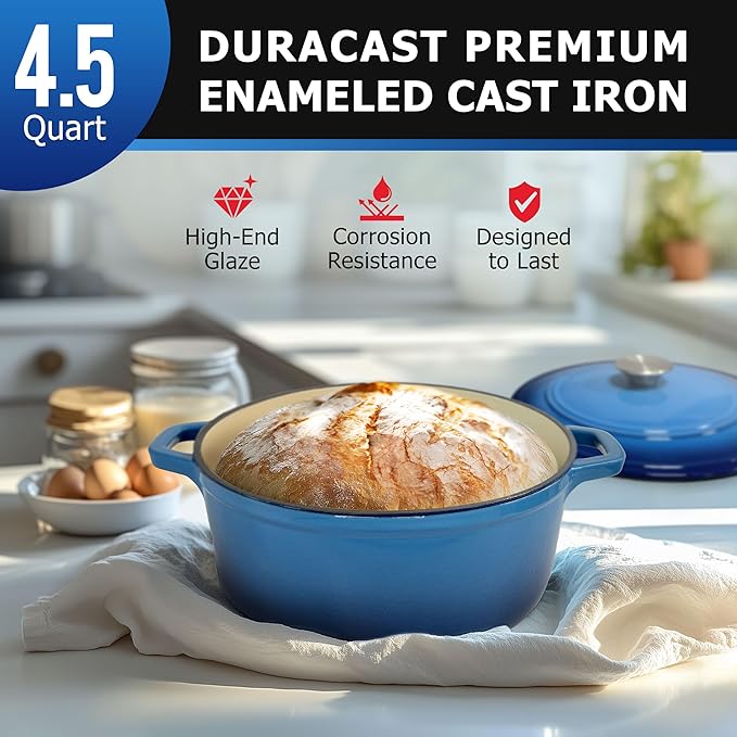 MÜELLERHOME 4.5 QT Enameled Cast Iron Dutch Oven, Heavy-Duty Casserole Dish and Braiser Pan with Lid and Stainless Knob, Oven-Safe up to 500° F & Across All Cooktops, Aqua Blue