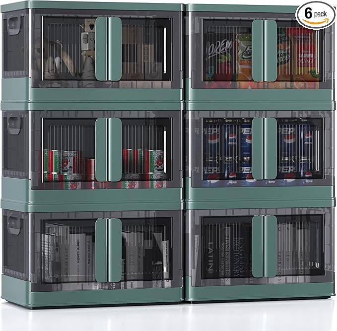 8.4Gal Collapsible Storage Bins with Lids & Wheels - 6 Pack Stackable with Doors, Heavy-Duty Plastic Containers for Home/Office, Green