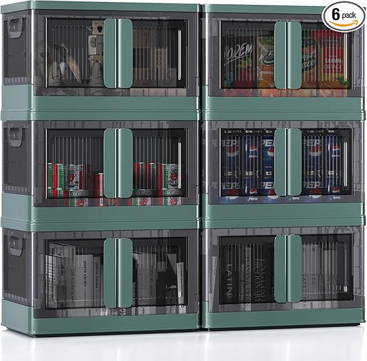 8.4Gal Collapsible Storage Bins with Lids & Wheels - 6 Pack Stackable with Doors, Heavy-Duty Plastic Containers for Home/Office, Green