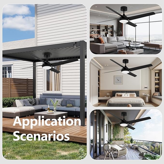 52 Inch Ceiling Fan with Light and Remote, 4 Blades, Quiet DC Motor, Reversible Fan with Dimmable LED Light, for Bedroom Living Room, Black