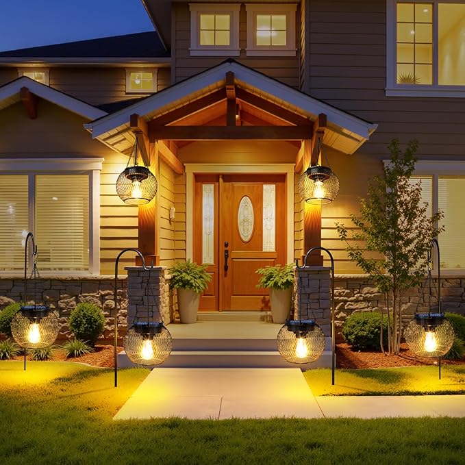 Solar Lanterns Outdoor Waterproof 4 Pack, Upgraded Metal Solar Hanging Lights with Hooks & Auto On/Off, Brighter Warm Outdoor Hanging Lantern Lighting for Porch Garden Yard Pathway Decor