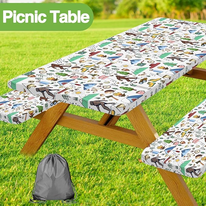 JAWO Picnic Table Covers with Bench Covers Camping Big Foot Adventure Tablecloth 8FT for 8 Person Fitted Picnic Table Cover with Elastic Windproof Waterproof Fabric, Camp Accessories Patio & Outdoor