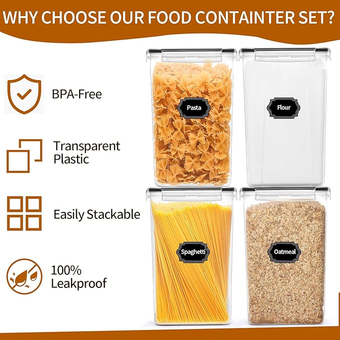 4 Pack Extra Large Airtight Food Storage Containers with Lids (6.5L / 220 oz), BPA Free Plastic Kitchen and Pantry Organization Contianers for Cereal Flour and Sugar Storage, Labels & Marker
