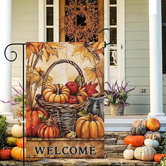 Garden Flag 12X18 Inch Double Side,Pumpkin Fall Yard Flag, Welcome Small Garden Flag,Outdoor Fall Flag for Holiday Outside Patio Decoration