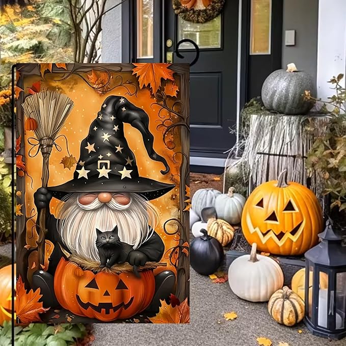 Halloween Garden Flag for Outside 12x18 Inch Double Sided, Gnome Pumpkin Small Yard Flags for Outside, Outdoor Welcome Flag Front Porch Decorations for Home