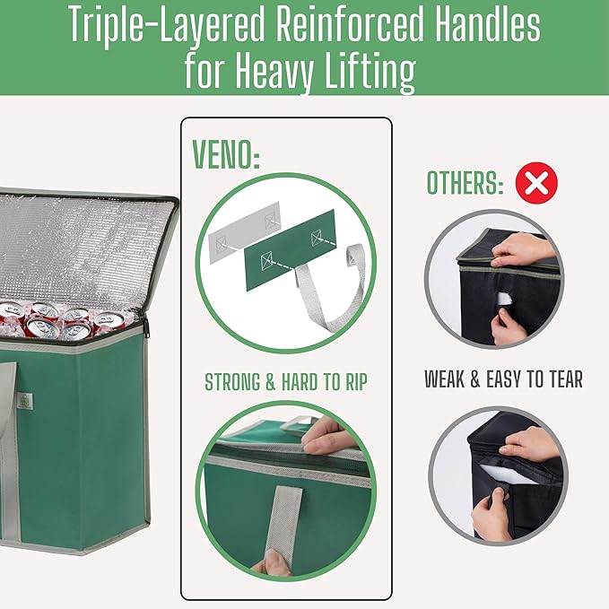 VENO 2 Pack Cooler Bag and Insulated Grocery Bags for Food Delivery, Collapsible Cooler, Reusable Shopping Bags for Groceries with Zipper, Foldable, Heavy-Duty, Stands Upright (Green, 2 Pack)