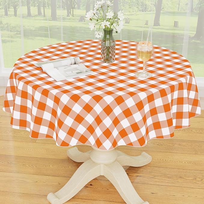 Smiry Round Plastic Table Cloth, Waterproof Vinyl Tablecloth with Flannel Backing, Wipeable Buffalo Plaid Table Cover for Dining, Indoor and Outdoor (Orange & White, 60" Round)