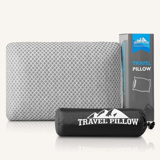 Travel Pillow Memory Foam Pillows, Camping Pillow-Compressible Medium Firm, Breathable Cover, Ideal Backpacking Hiking, Bed Pillows, Airplane and Car (Light Grey, M)