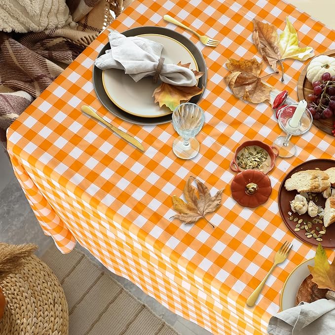54 Inch x 300 Ft Orange Checkered Plastic Table Cloth Roll Disposable Waterproof Plastic Cover Roll with Easy Slide Cutter for Outdoor Picnic/Home Dining/Fall Thanksgiving Party Decoration