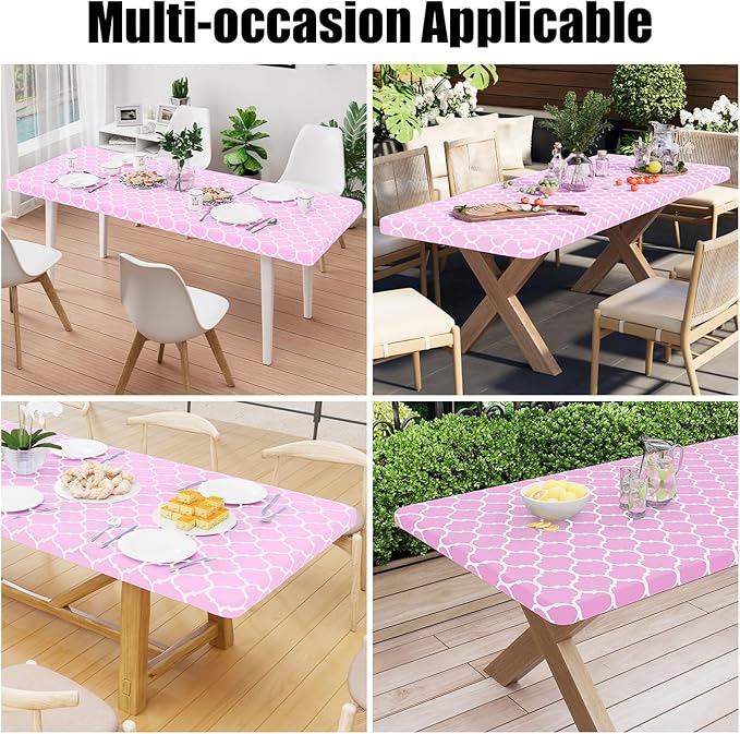 Smiry Rectangle Picnic Table Cover, Waterproof Elastic Fitted Camping Tablecloths for 6 Foot Tables, Wipeable Flannel Backed Vinyl Tablecloth Protector for Indoor, Outdoor (Pink, 30x72 Inches)