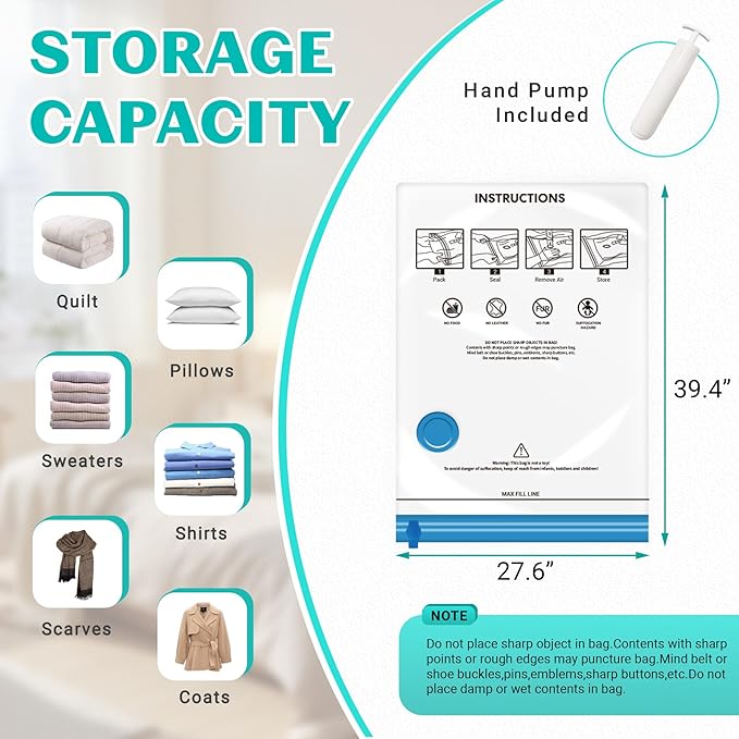 10 Pack Jumbo Space Saver Vacuum Storage Bags Seal Bags for Clothing Travel Compression Bags for Comforters Blankets Bedding Pillows Luggage Hand Pump Included