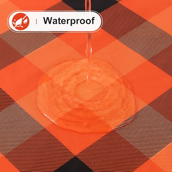 misaya Round Waterproof Vinyl Table Cloth, Buffalo Flannel Backed Tablecloth, Wipeable Plastic Table Cover for Dinner, Kitchen, Picnic (60", Black and Orange and Yellow)