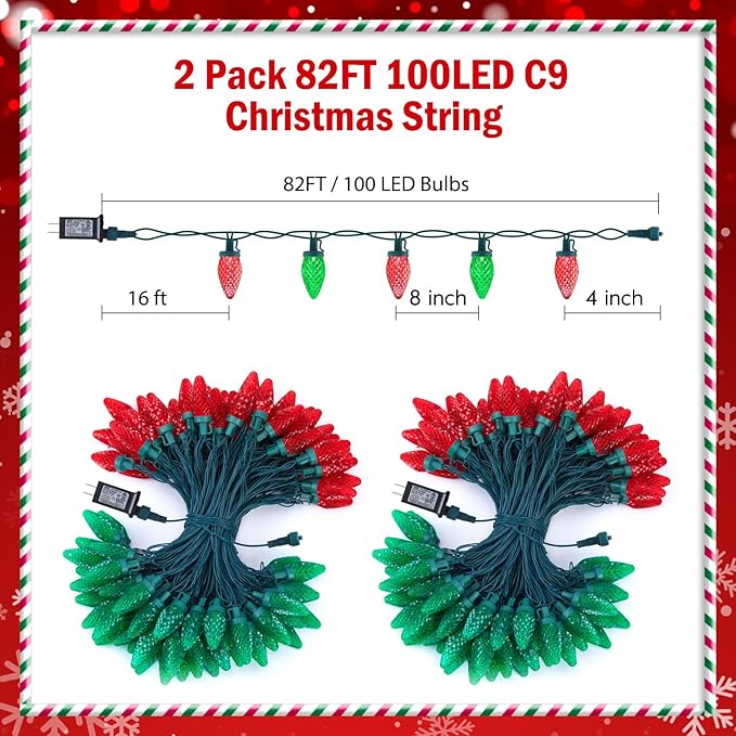 2 Pack C9 LED Christmas String Lights - Each 82ft 100 LED Outdoor String Lights with Timer and 8 Lighting Modes, Plug in Extendable Roofline Lights String for Outside Yard Christmas Holiday Decoration