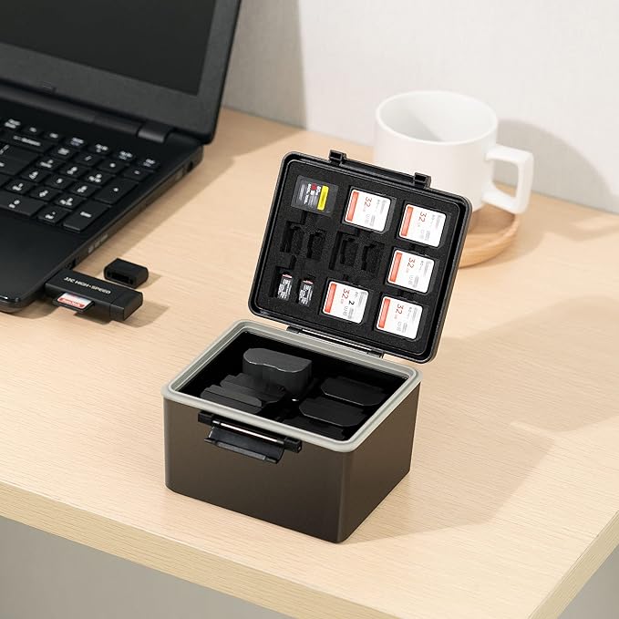 LP-E6 EN-EL15C NP-W235 FZ100 Camera Battery and Memory Card Case with Labels,DSLR SLR Battery Organizer Storage for 16 Micro SD 6 SD 3 CF Express Type A and 2 XQD/CF Cards,Water-Resistant & Shockproof