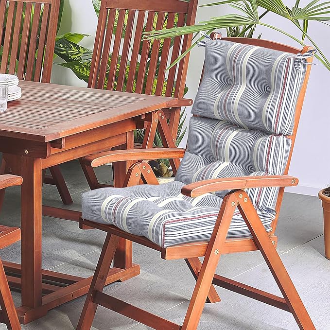 LVTXIII Outdoor Tufted High Back Cushions Set of 2 Patio Seasonal Replacement Rocking Chair Cushion with Ties, Solid Seat and Back Chair Cushion, (44” L x 22W”, Stripe Denim Blue)