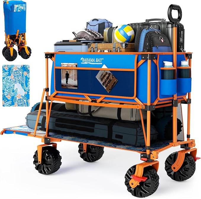 400L Collapsible Double Decker Beach Wagon with Brakes, Folding Beach Cart with 54" Extra Long Decker, 450LBS Heavy Duty Wagon Chart with All-Terrain Big Wheels for Sand Camping Garden