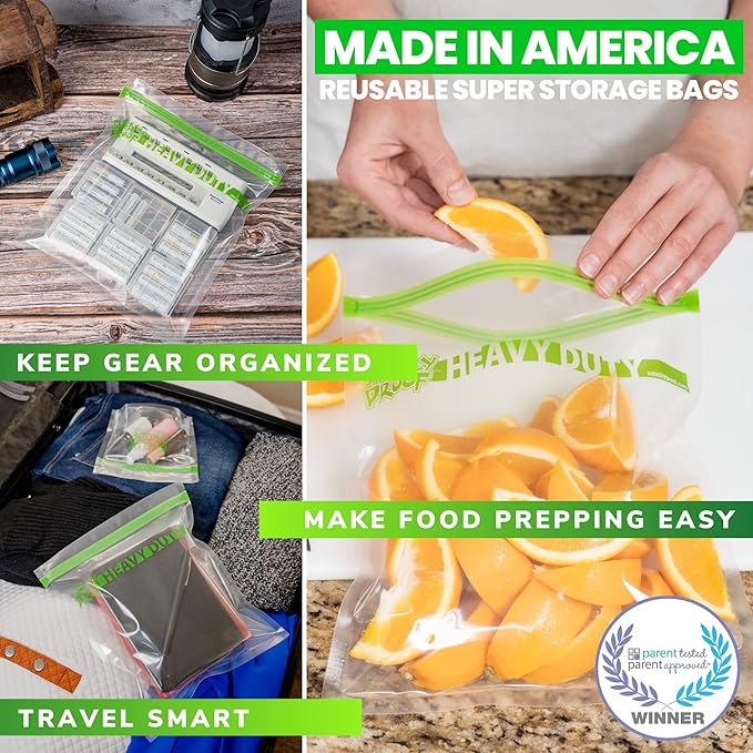 REUSABLE STORAGE BAGS by Smelly Proof, Large HEAVY DUTY 5-mils US-Made BPA FREE, NO PEVA, Dishwasher-Safe Reusable Freezer Bags CLEAR FLAT Quart 10" x 8.5" 5pk