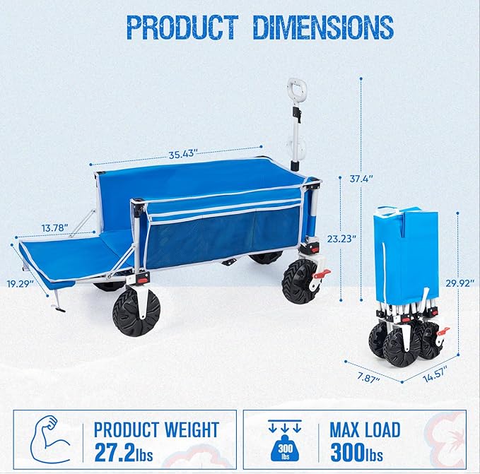 49" L Extra Long Beach Wagon with Tailgate,Big Wheels with Brake for Sand, Collapsible Utility Beach Cart Heavy Duty Folding Wagon,Ideal for Outdoor Sand Camping Garden Pet