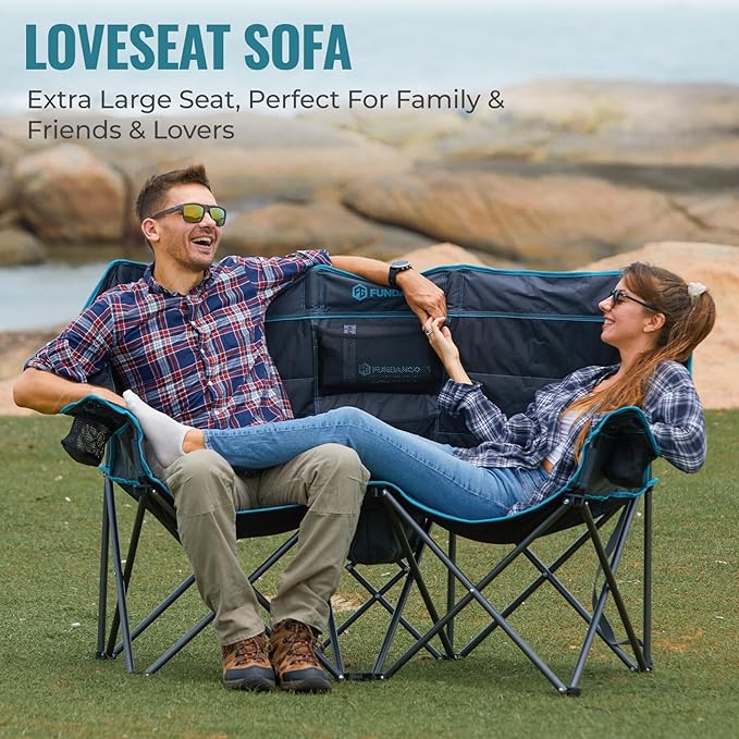 FUNDANGO Double Camping Chair with Cooler, 2 Person Folding Oversized Loveseat Camp Chairs for Adults Fully Padded Couch with Cup Holder Carry Bag for Outdoor Lawn Beach Patio Support 660 LBS