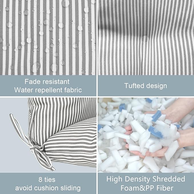 LVTXIII Outdoor 44x22-inch High Back Chair Cushions, Patio Solid Tufted Adirondack Chair Seat Cushions, Seasonal Replacement Rocking Chair Cushion with Ties, Set of 2, Strip Grey