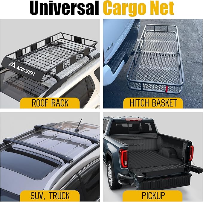 ARKSEN 57" x 21.5" Heavy Duty Tangle-Free Nylon Cargo Net (8" x 8" Mesh) - Universal Bungee Net Stretches to 80" x 40" for Pickup, Trucks, SUV, Roof Racks, and Travel Luggage Racks