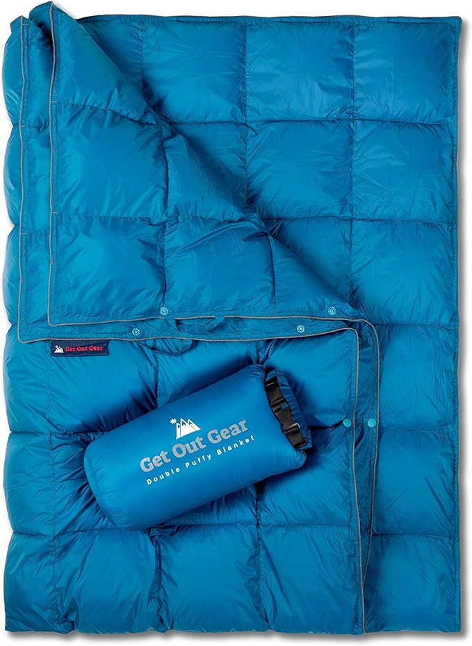 Double Puffy Camping Blanket - Extra Puffy, Packable, Lightweight and Warm | Ideal for Outdoors, Travel, Stadium, Festivals, Beach, Hammock | Water-Resistant Camp Quilt (Teal Blue/Gray)